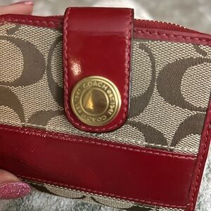 COACH - EUC Red patent leather and brown monogram small billfold.